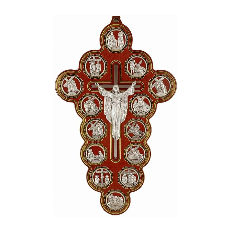 Red Wooden Risen Christ Crucifix with Via Crucis