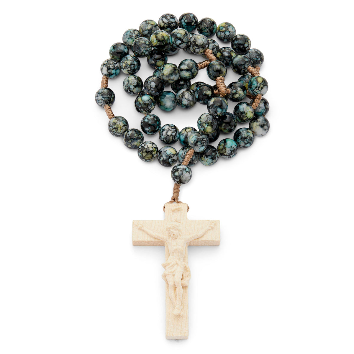 Resin Rosary in Rope with Natural Wood Crucifix