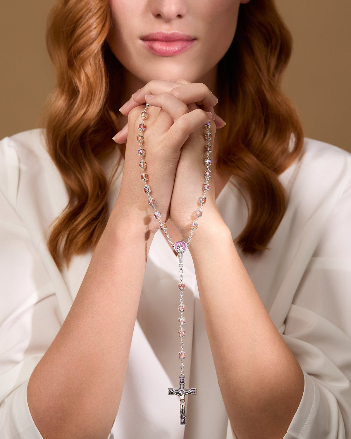 Rosary Beads with enameled Holy Family centerpiece