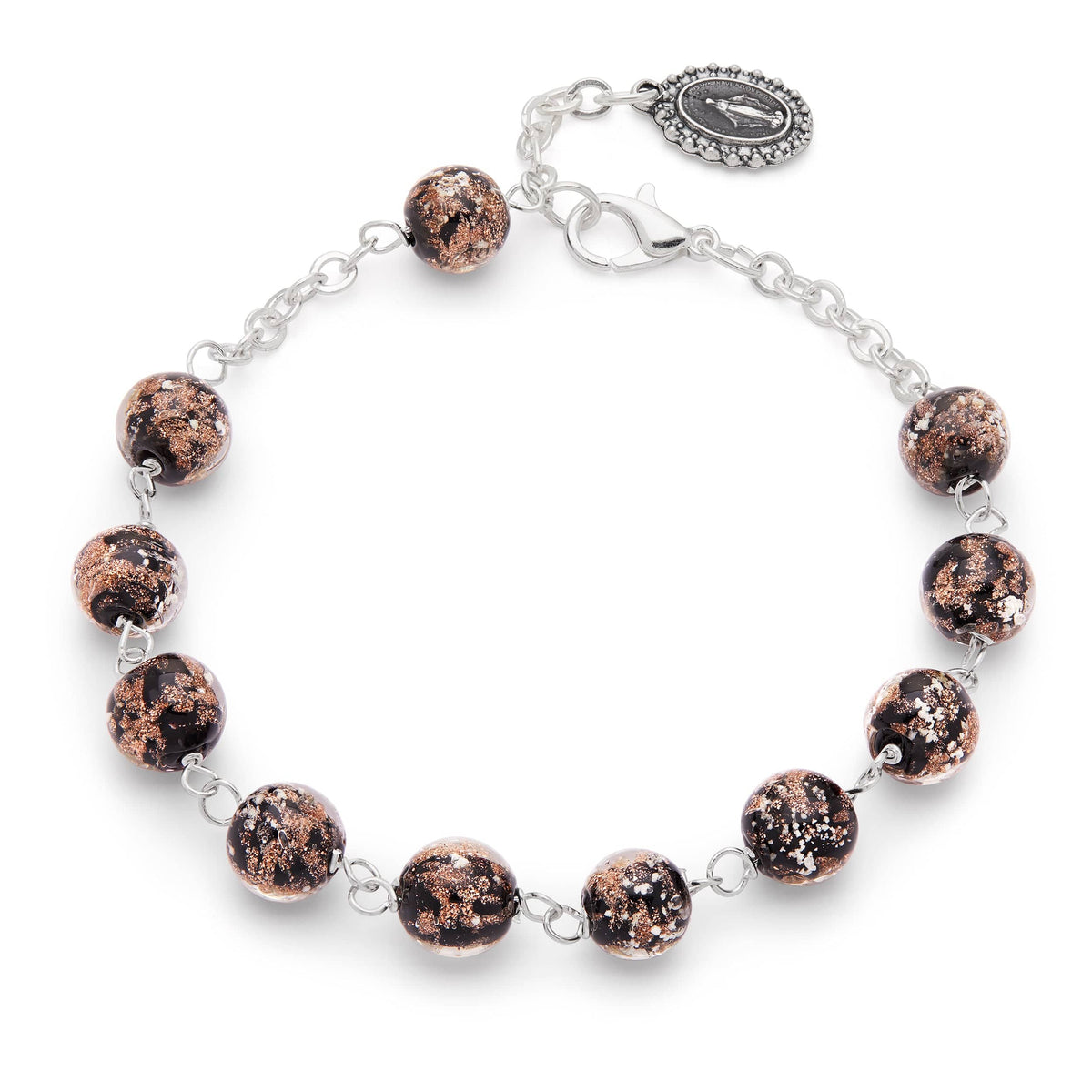 Black Murano Glass Rosary Bracelet with Gold Glitter Accents