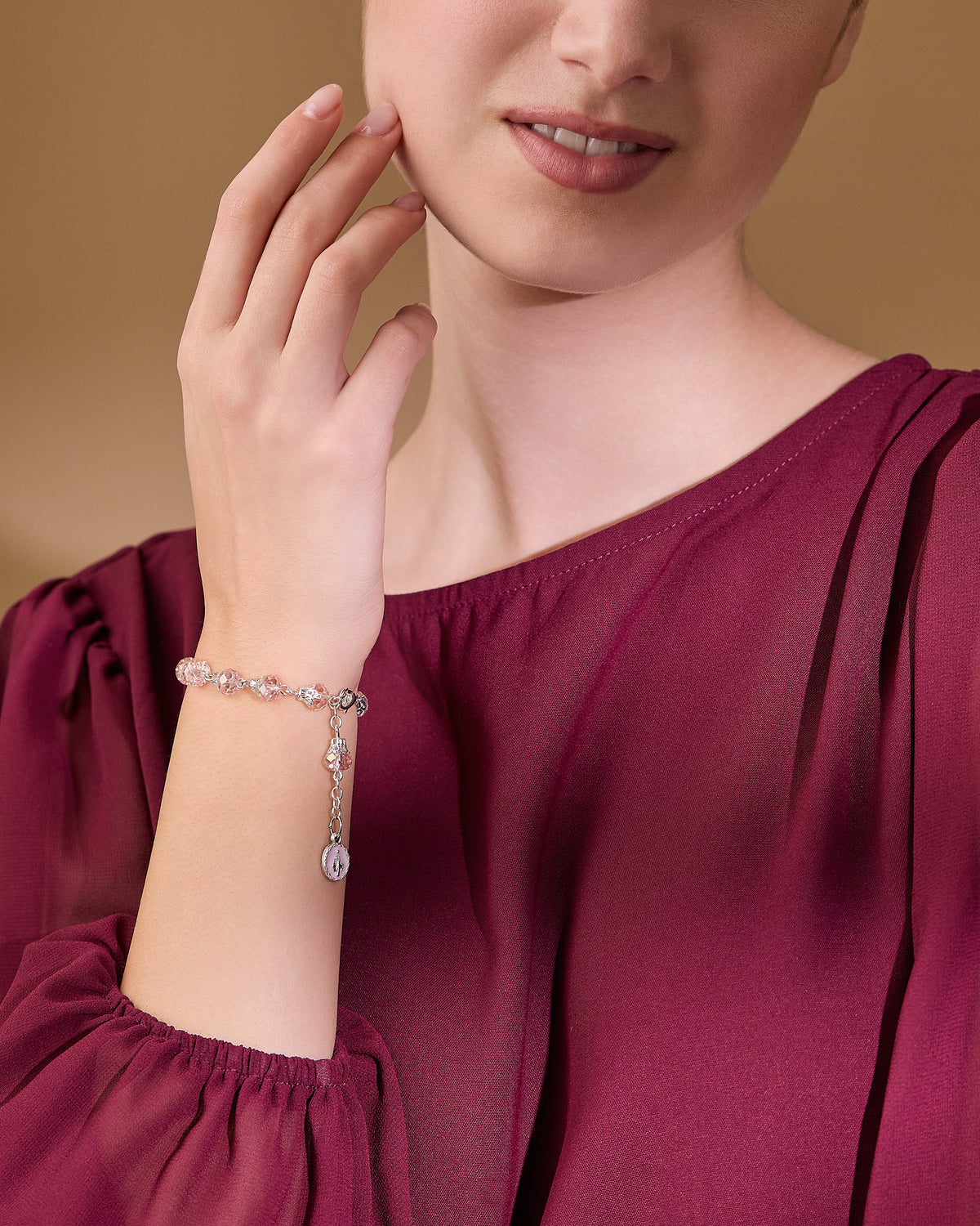 Rosary Bracelet with Balloon-shaped Light Pink Crystal Beads