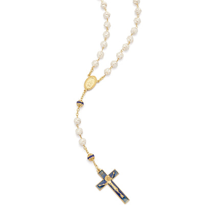 Gold-Tone Metal Rosary with Synthetic Pearls and Blue Details