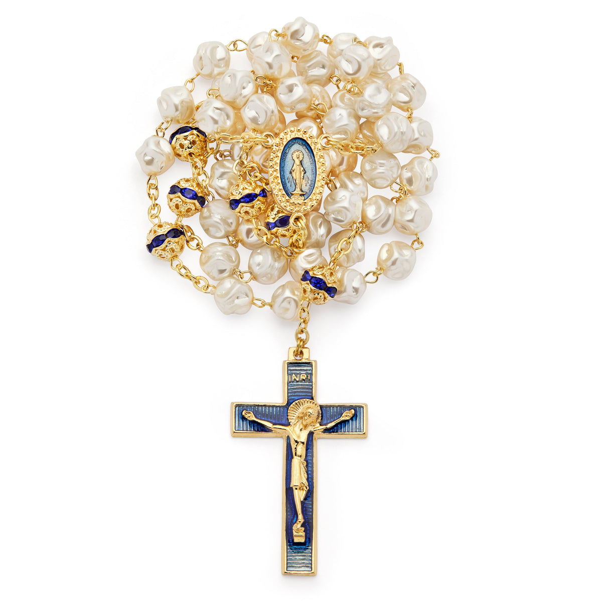 Gold-Tone Metal Rosary with Synthetic Pearls and Blue Details
