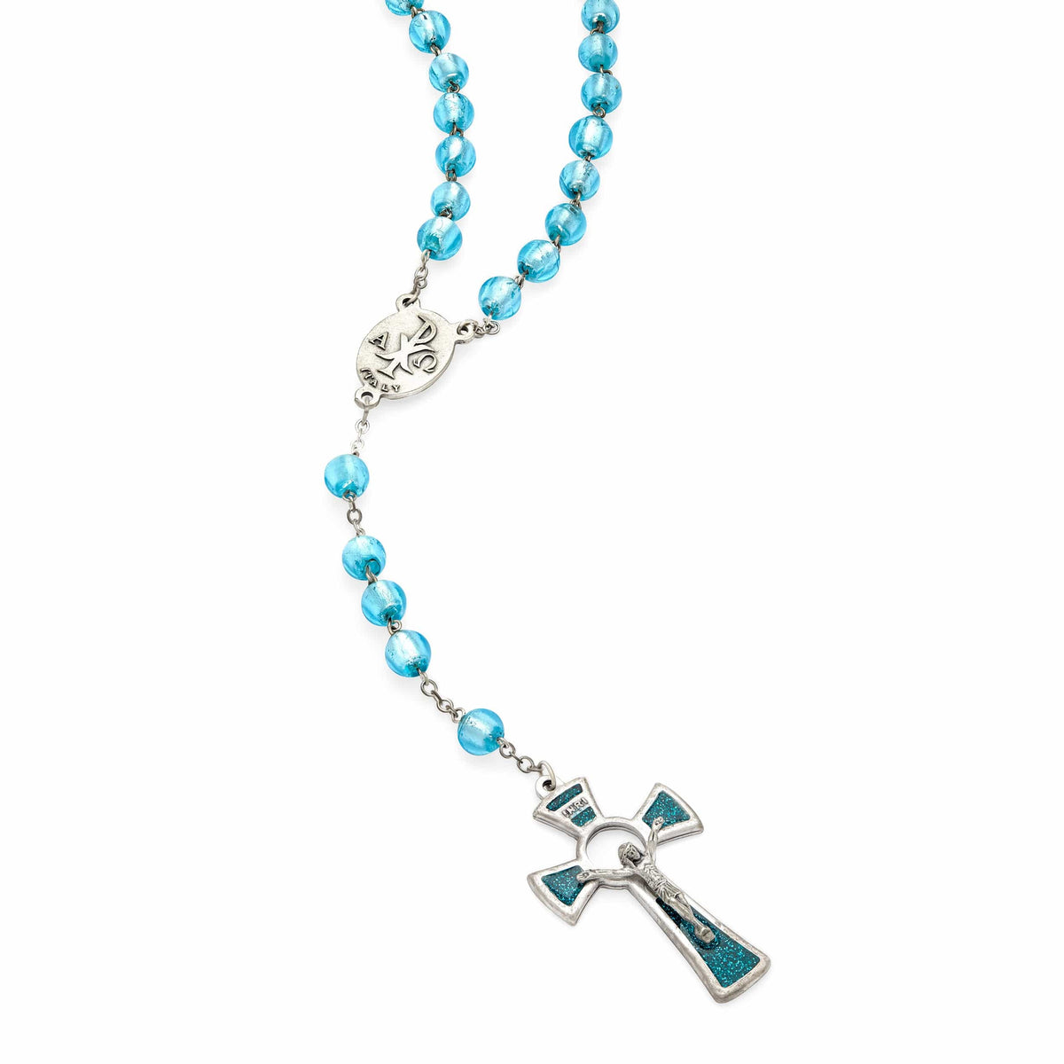 Miraculous Virgin Mary Rosary in Aquamarine Murano Glass