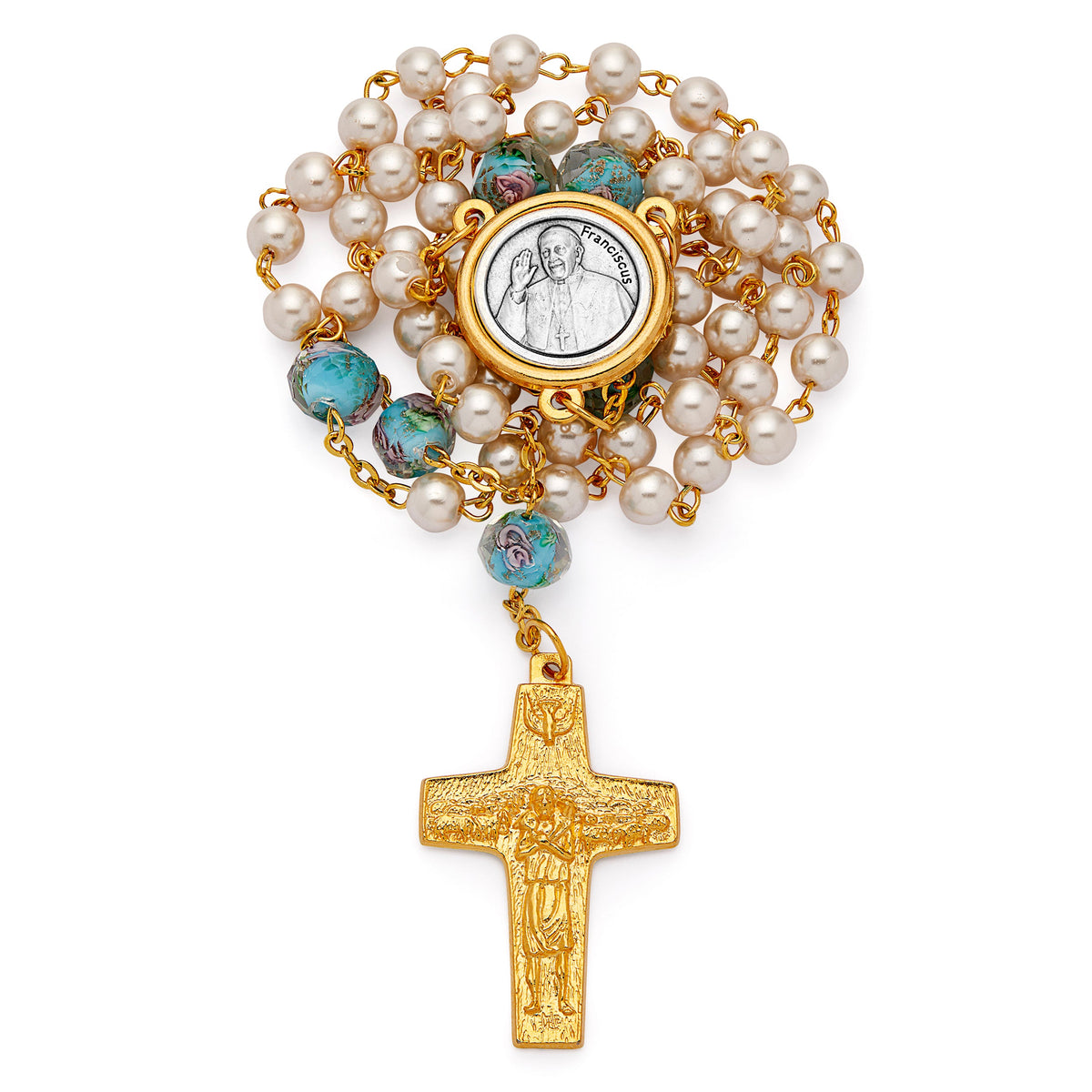 Pope Francis Rosary with Light Blue Glass and Synthetic Pearl Beads