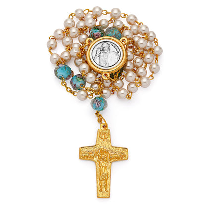 Pope Francis Rosary with Light Blue Glass and Synthetic Pearl Beads