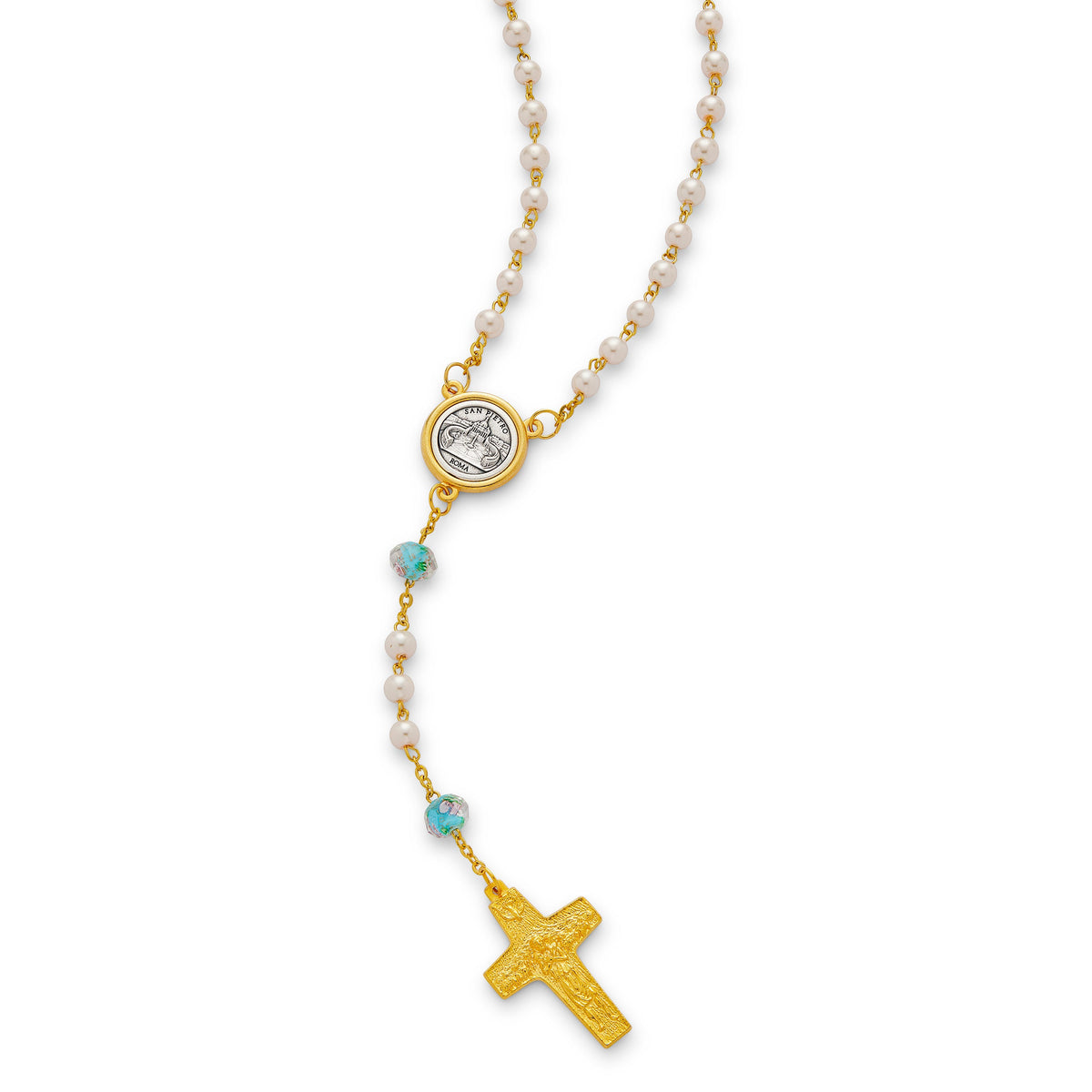 Pope Francis Rosary with Light Blue Glass and Synthetic Pearl Beads
