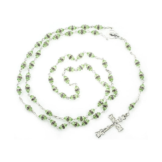 Sterling Silver Rosary with Light Green Faceted Crystal Beads and Rhinestone Spacers