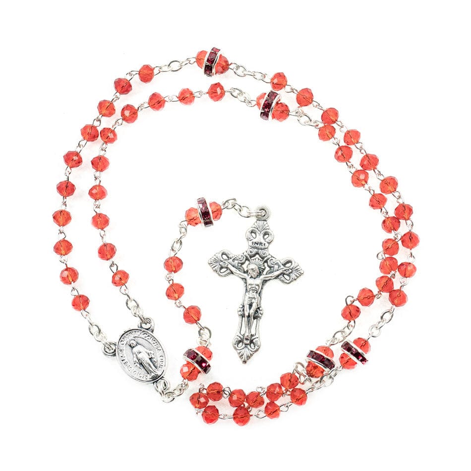 Rosary Necklace with Red Rhinestones Beads