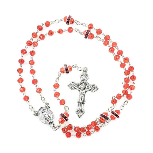 Rosary Necklace with Red Rhinestones Beads