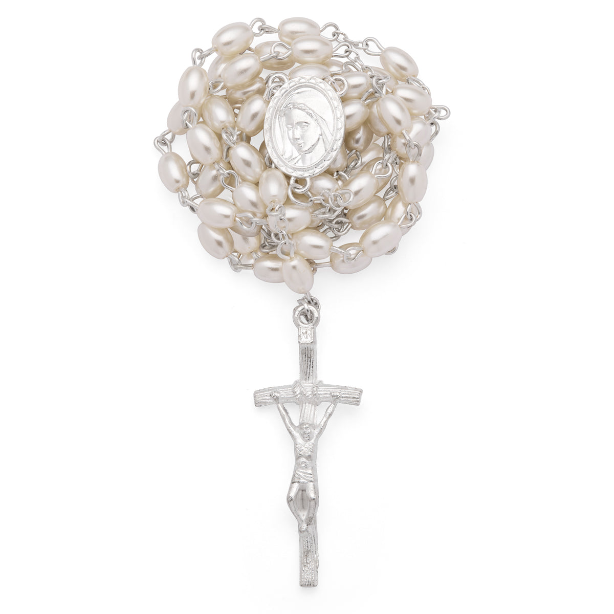 Rosary with Blue Faux Leather Case and Synthetic Pearl Beads