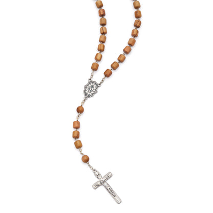 Rosary with Cylindrical Olive Wood Beads and Metal Crucifix