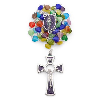Multicolor Rosary with Heart-Shaped Cat Eye Beads