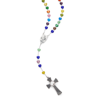 Multicolor Rosary with Heart-Shaped Cat Eye Beads