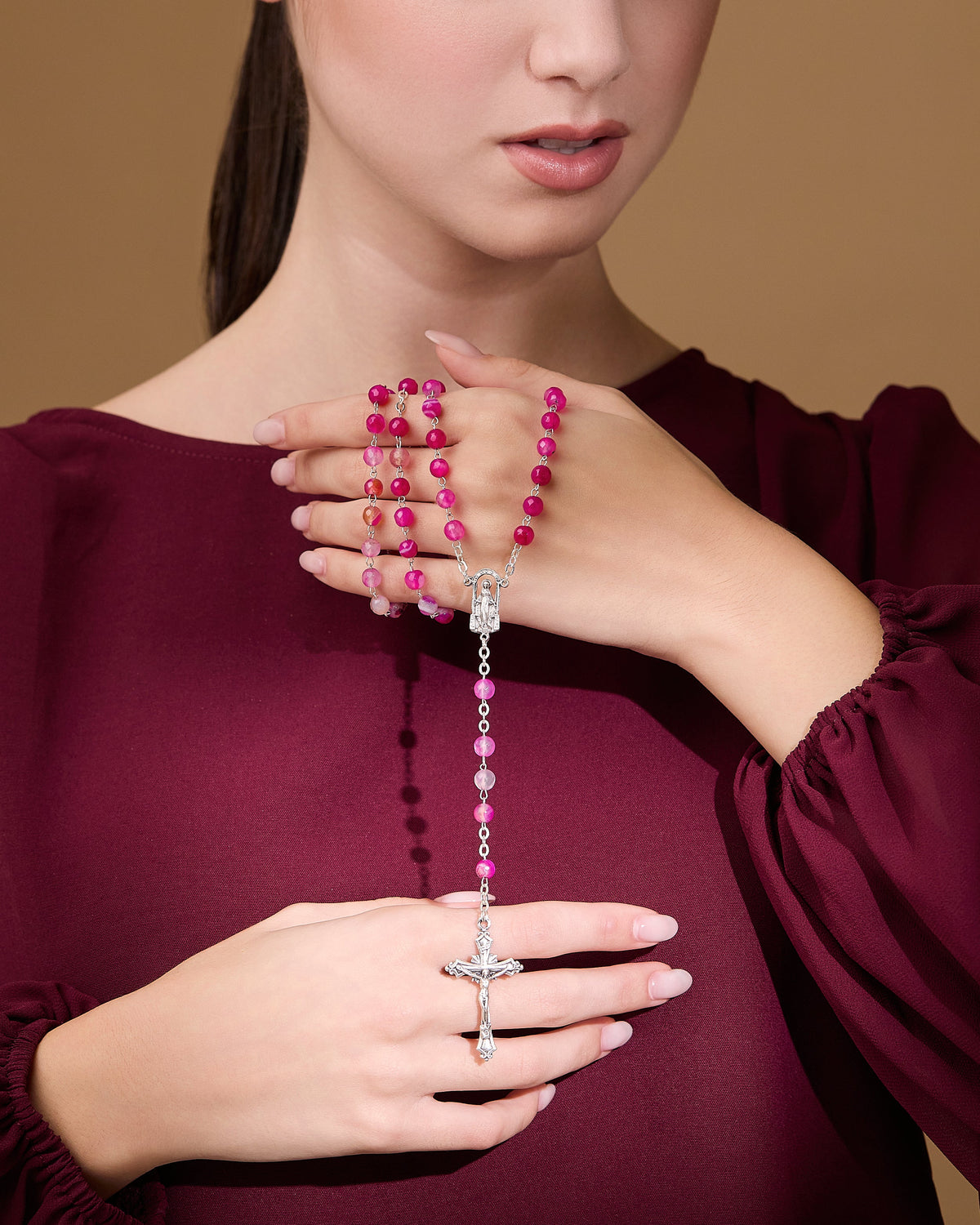 Rosary with Pink Agate Beads