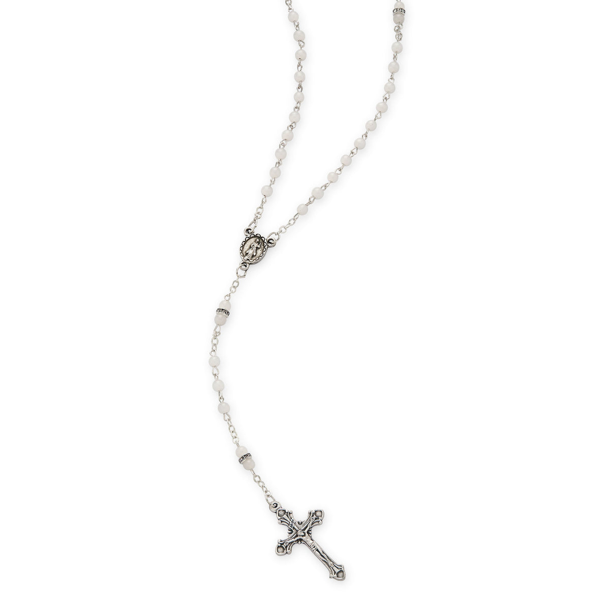 Rosary with White Glass Beads and Rhinestone Spacers