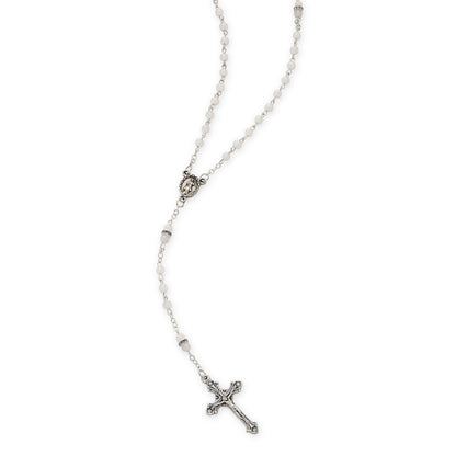 Rosary with White Glass Beads and Rhinestone Spacers