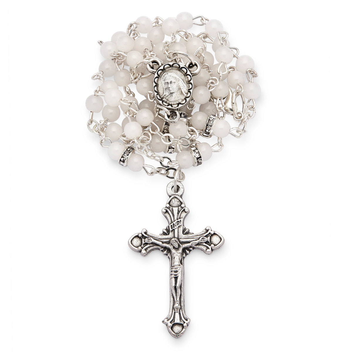Rosary with White Glass Beads and Rhinestone Spacers