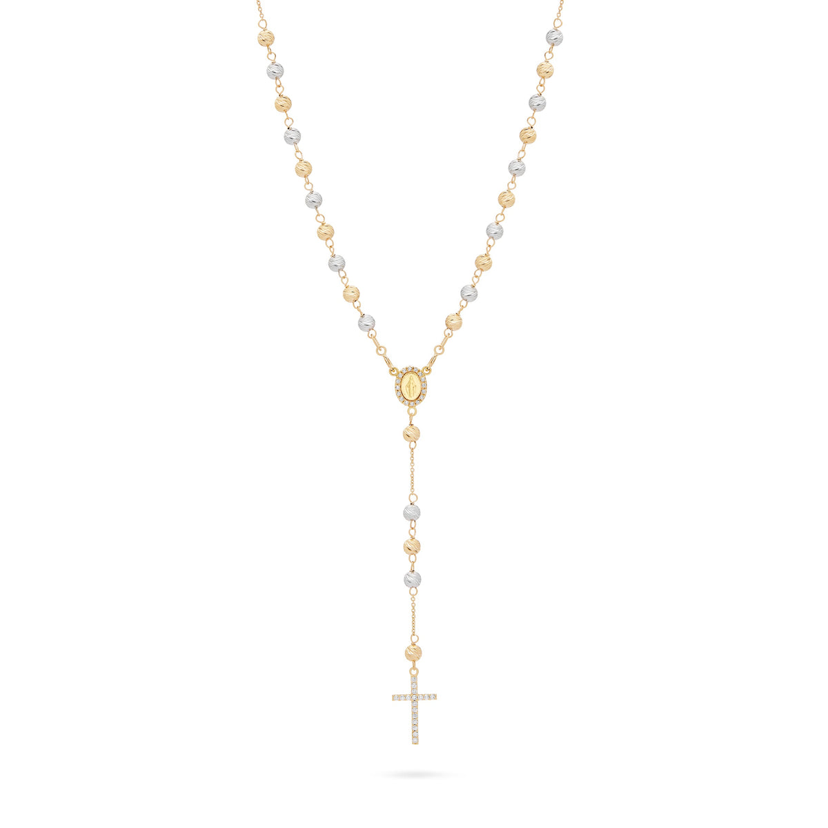 Rosary with Yellow Gold and White Gold Faceted Beads with Miraculous Medal and Cross in Cubic Zirconia