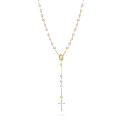 Rosary with Yellow Gold and White Gold Faceted Beads with Miraculous Medal and Cross in Cubic Zirconia