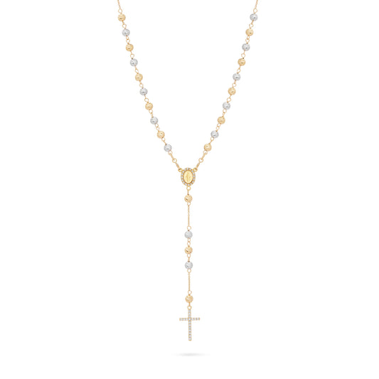 Rosary with Yellow Gold and White Gold Faceted Beads with Miraculous Medal and Cross in Cubic Zirconia