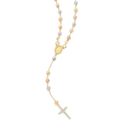 Rosary with Yellow Gold, White Gold and Rose Gold Beads, Miraculous Medal and Cross in Cubic Zirconia