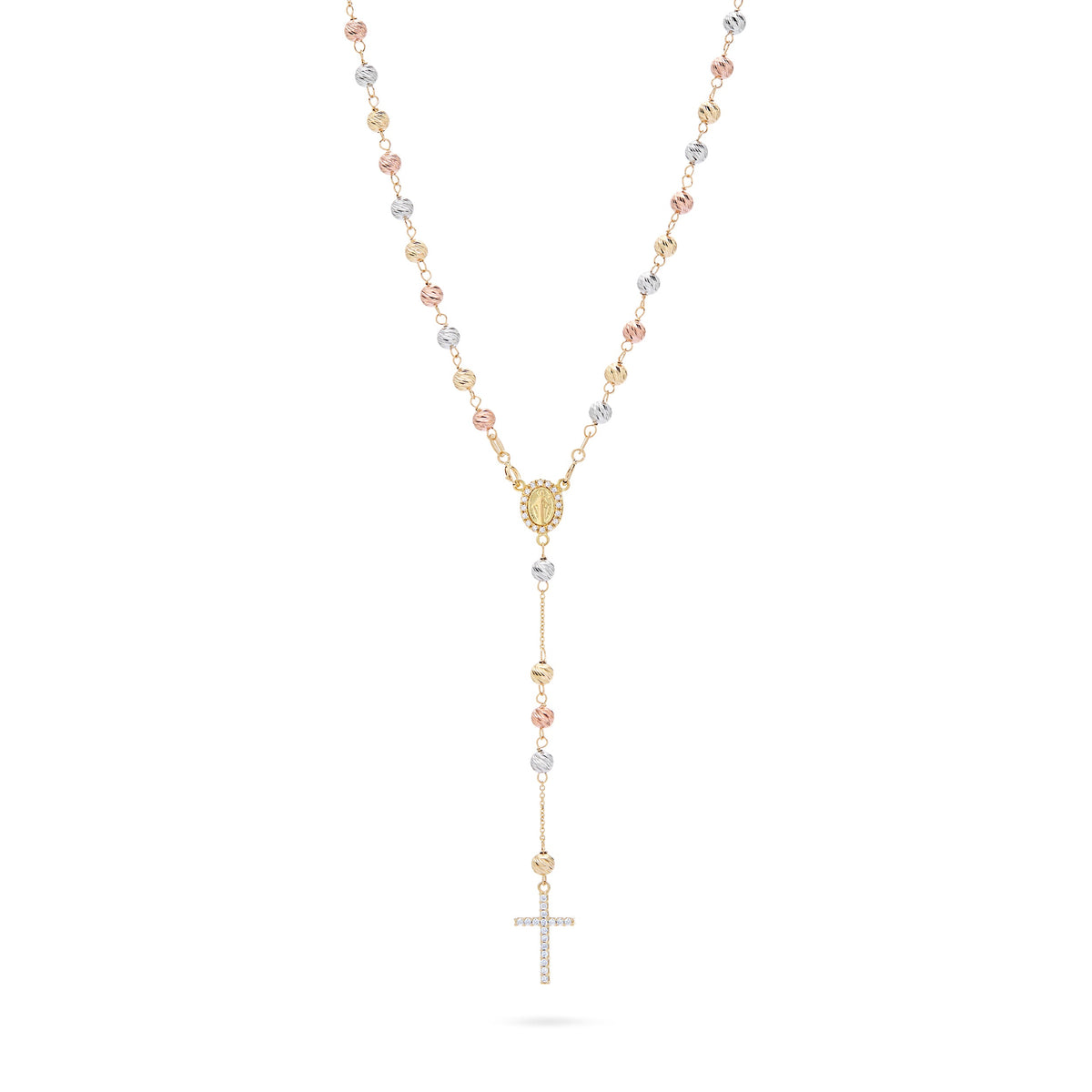 Rosary with Yellow Gold, White Gold and Rose Gold Beads, Miraculous Medal and Cross in Cubic Zirconia