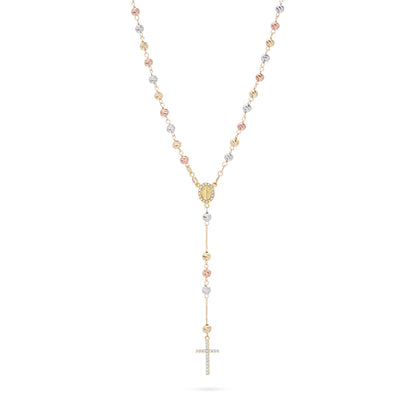 Rosary with Yellow Gold, White Gold and Rose Gold Beads, Miraculous Medal and Cross in Cubic Zirconia