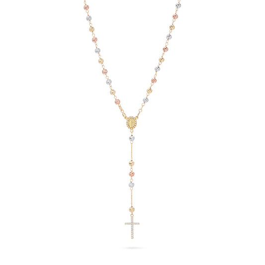 Rosary with Yellow Gold, White Gold and Rose Gold Beads, Miraculous Medal and Cross in Cubic Zirconia