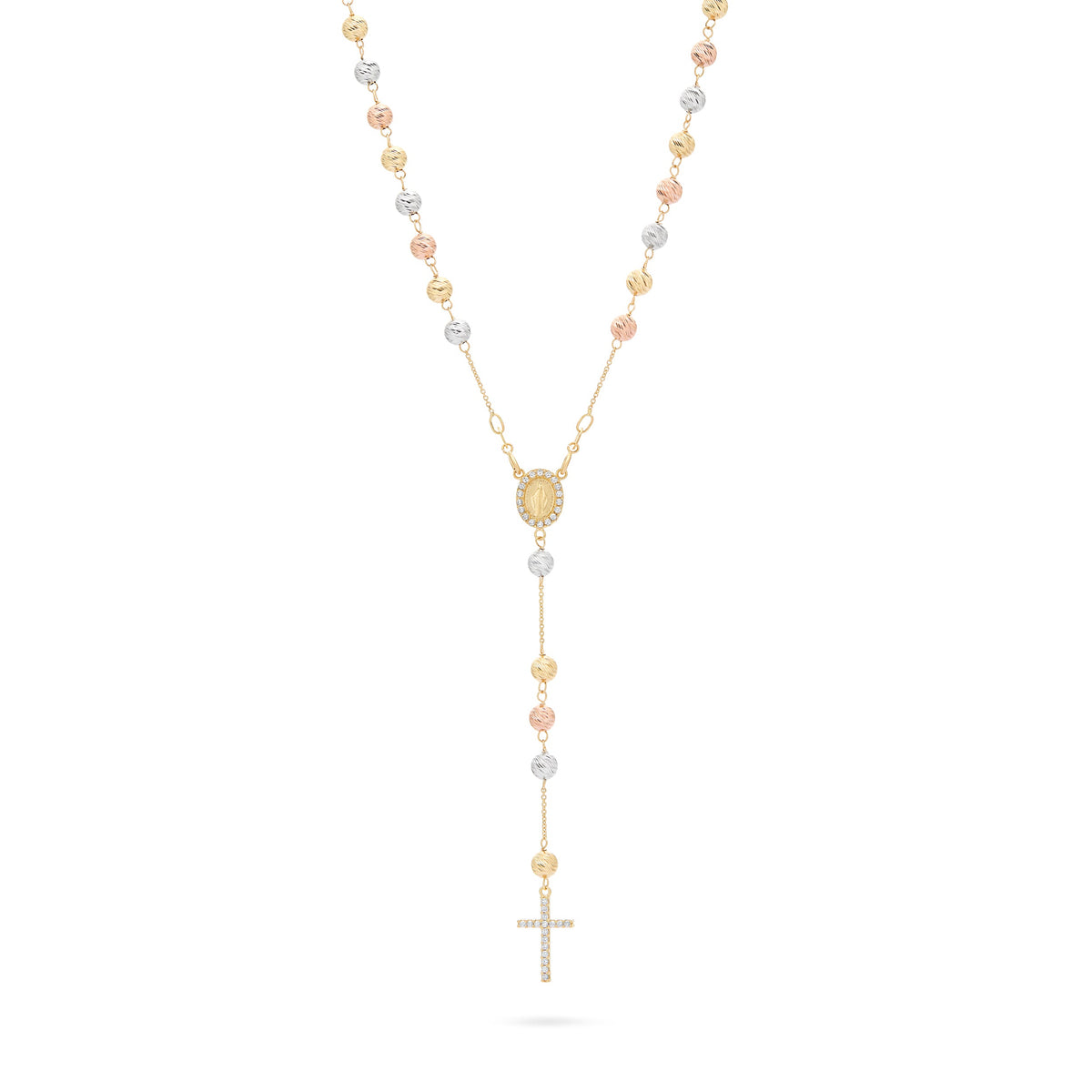 Rosary with Yellow Gold, White Gold and Rose Gold Faceted Beads with Miraculous Medal and Cross in Cubic Zirconia