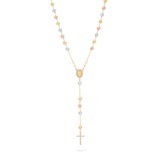 Rosary with Yellow Gold, White Gold and Rose Gold Faceted Beads with Miraculous Medal and Cross in Cubic Zirconia