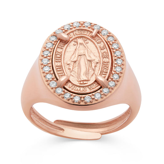 Rose Gold-plated Sterling Silver Adjustable Chevalier Ring With Miraculous Medal And Cubic Zirconia Details