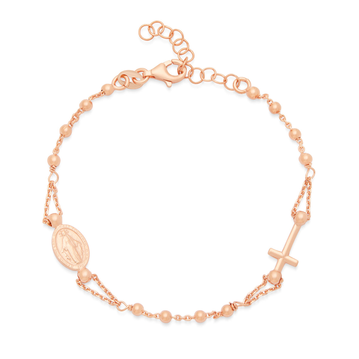 Rose Gold-plated Sterling Silver Bracelet with Miraculous Medal and Cross