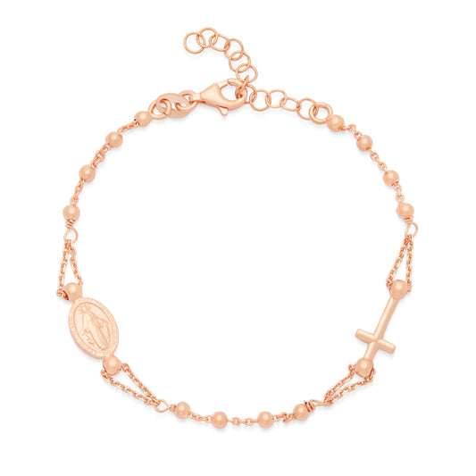 Rose Gold-plated Sterling Silver Bracelet with Miraculous Medal and Cross