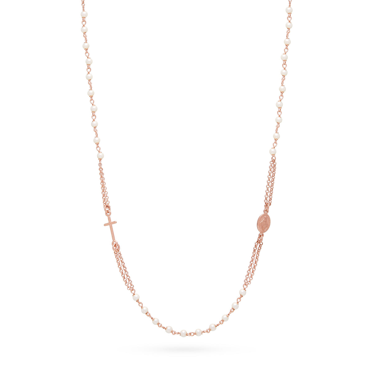 Rose Gold-plated Sterling Silver Double Strand Rosary Necklace with Synthetic Pearl Beads