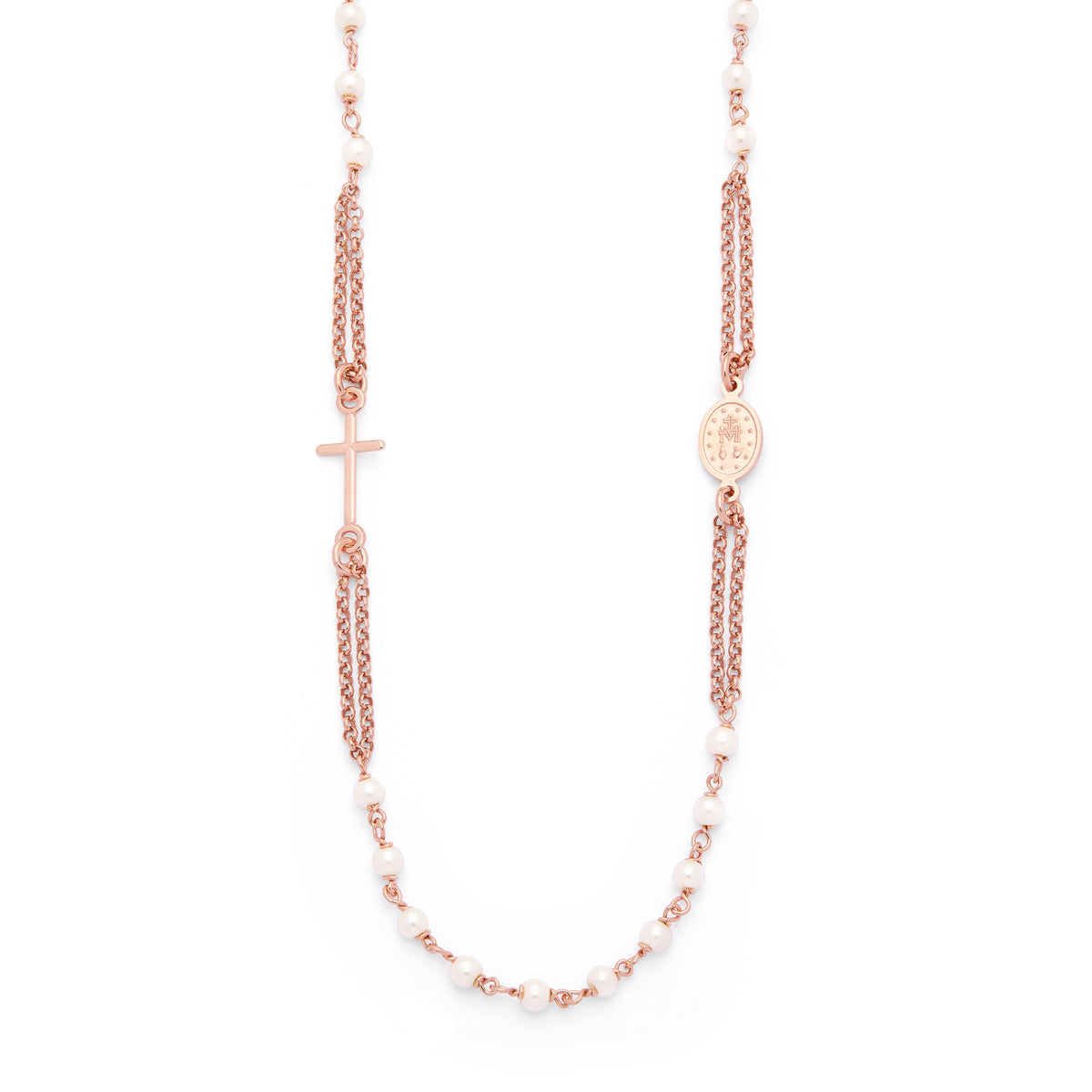 Rose Gold-plated Sterling Silver Double Strand Rosary Necklace with Synthetic Pearl Beads