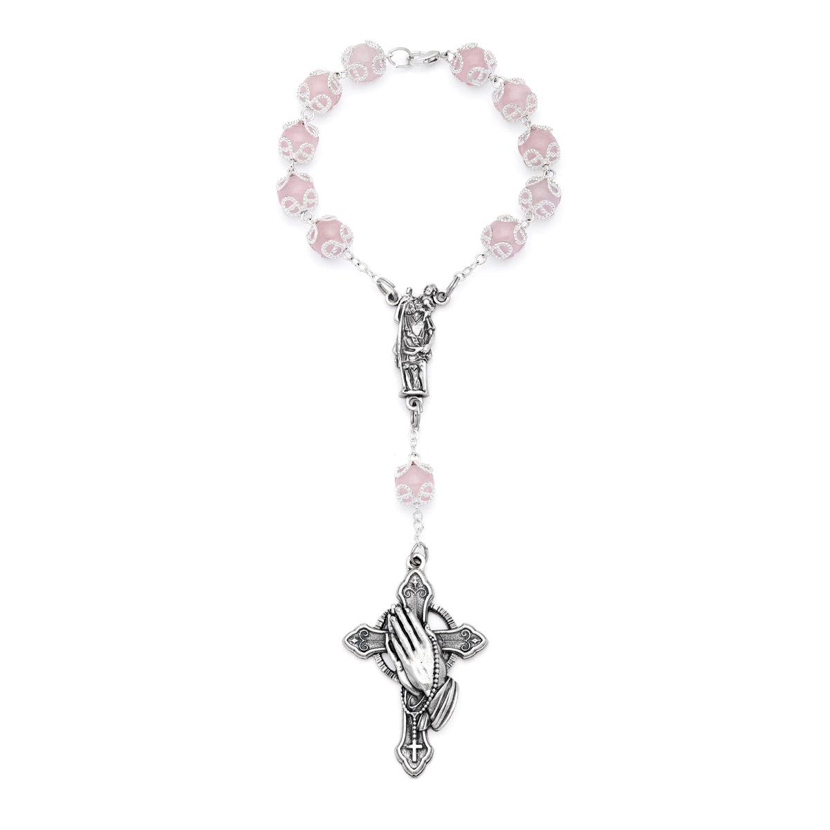 Rose Quartz One-Decade Rosary Bracelet with Saint Christopher and Praying Hands Cross