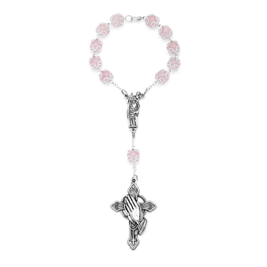 Rose Quartz One-Decade Rosary Bracelet with Saint Christopher and Praying Hands Cross
