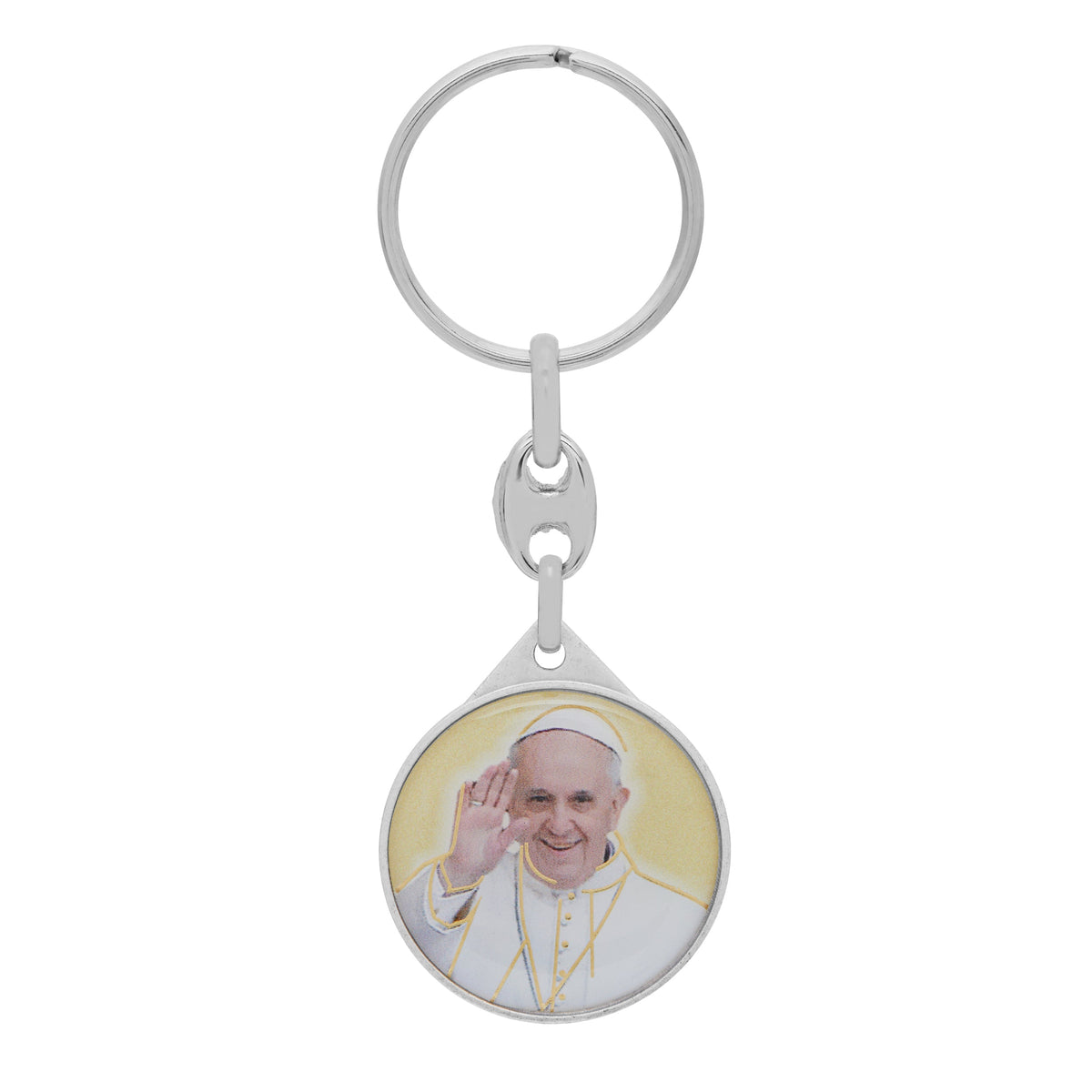 Round Colored Metal Keychain of Pope Francis With Yellow Background