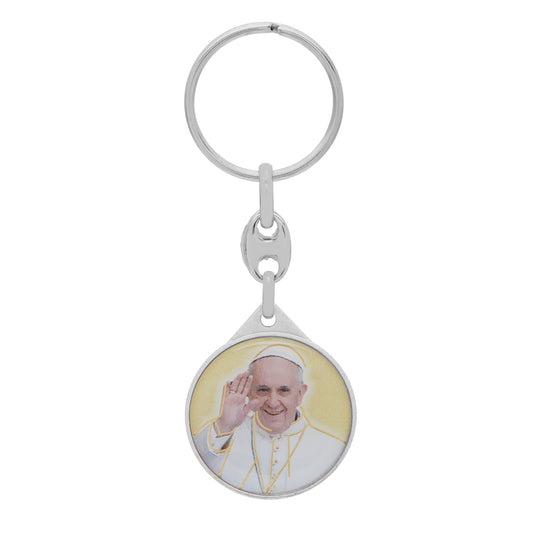 Round Colored Metal Keychain of Pope Francis With Yellow Background
