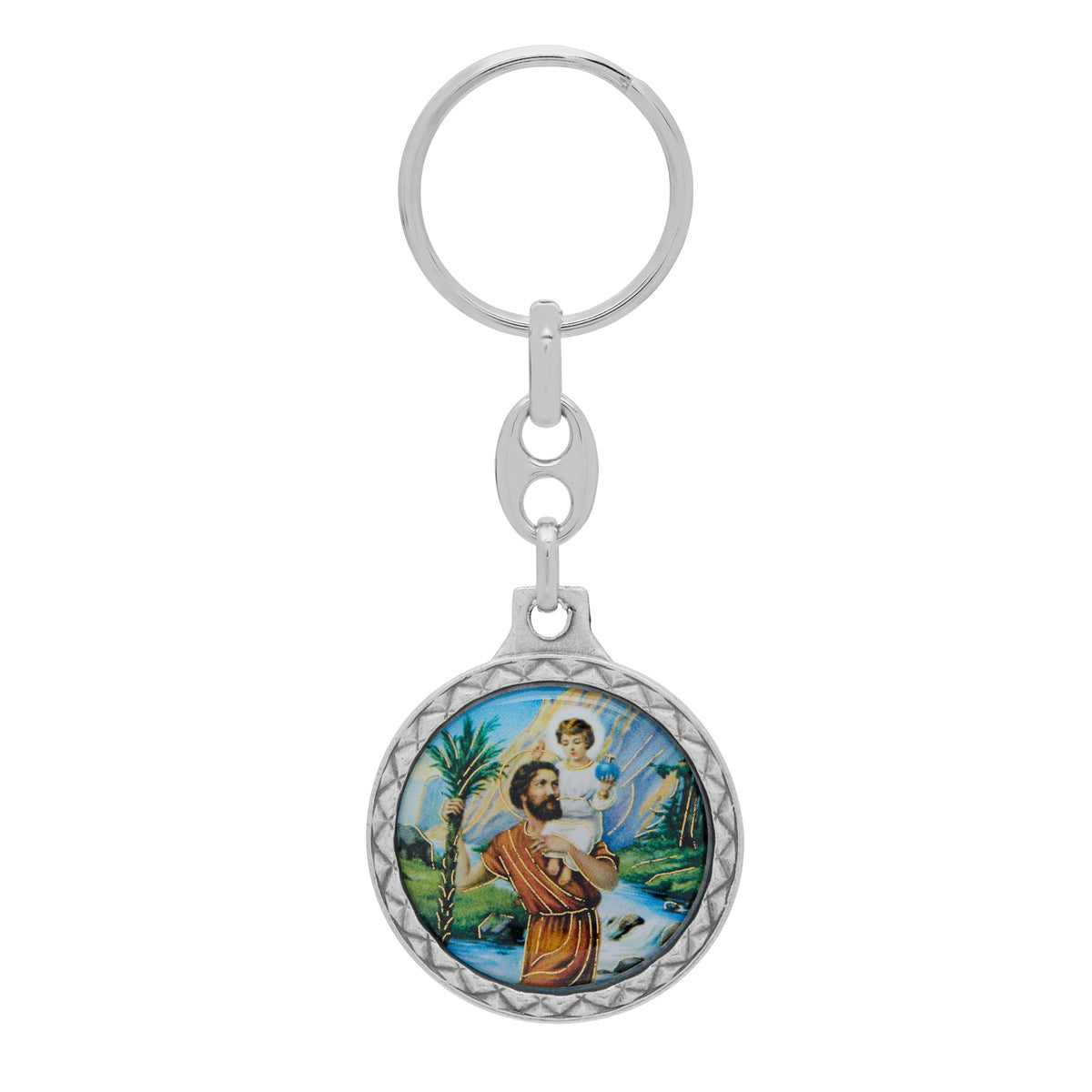 Round Colored Metal Keychain of St. Christopher