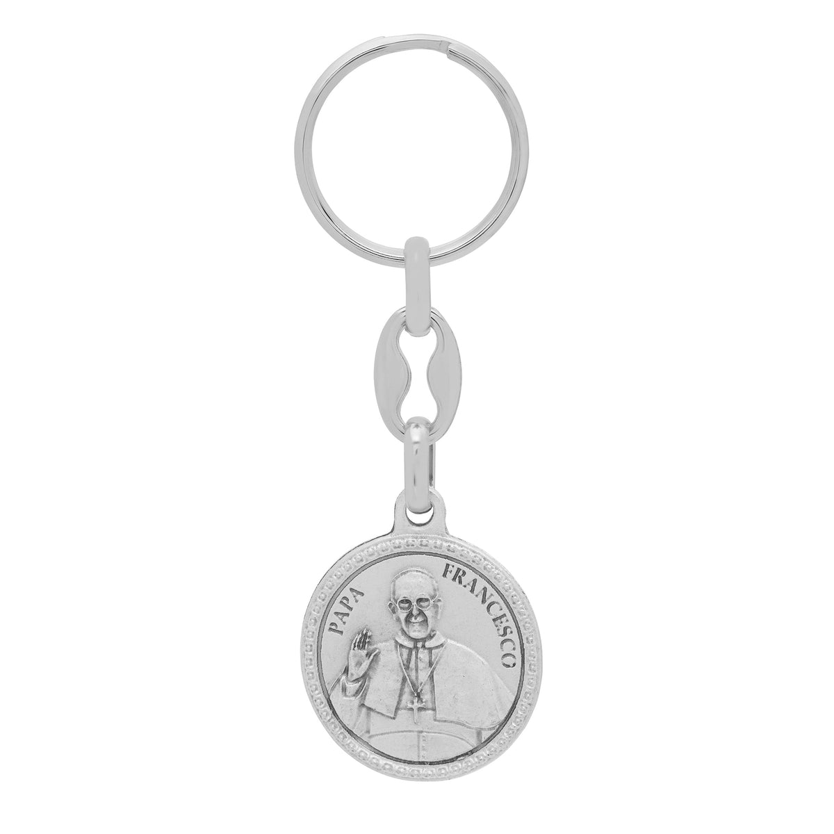Round Metal Keychain With Double Face of Pope Francis and St. Christopher