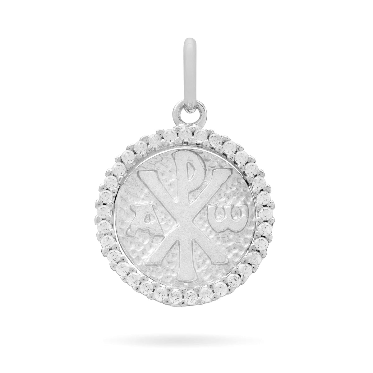 White Gold Chi Rho Medal With Cubic Zirconia Frame and Mater Ecclesiae in the Back