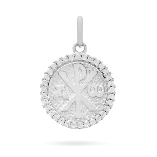 White Gold Chi Rho Medal With Cubic Zirconia Frame and Mater Ecclesiae in the Back