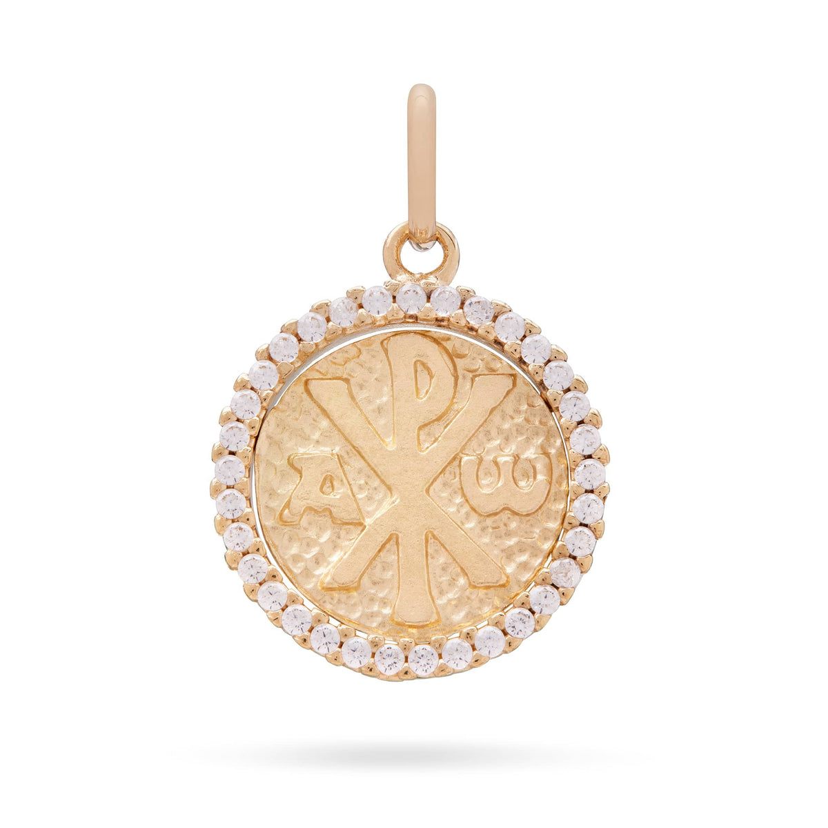 Yellow Gold Chi Rho Medal With Cubic Zirconia Frame and Mater Ecclesiae in the Back