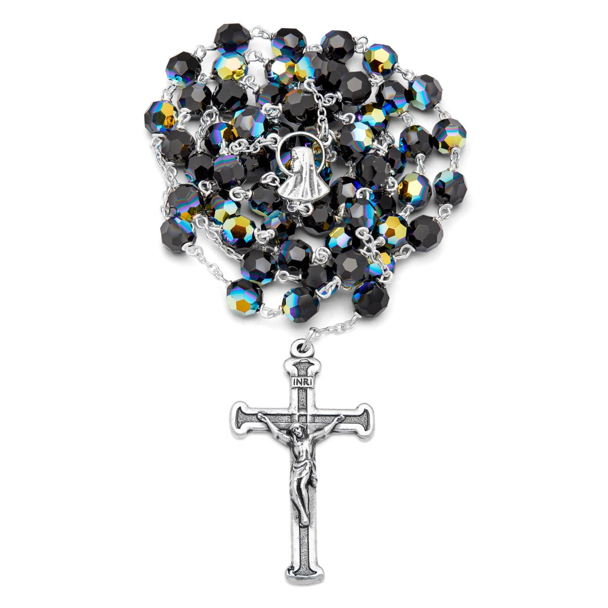 Sterling Silver Rosary with Black Crystal and Sacred Heart of Jesus