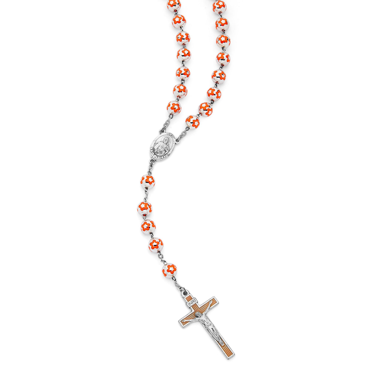 Sacred Heart of Jesus Rosary in Silver Color Beads decorated with Orange Flowers