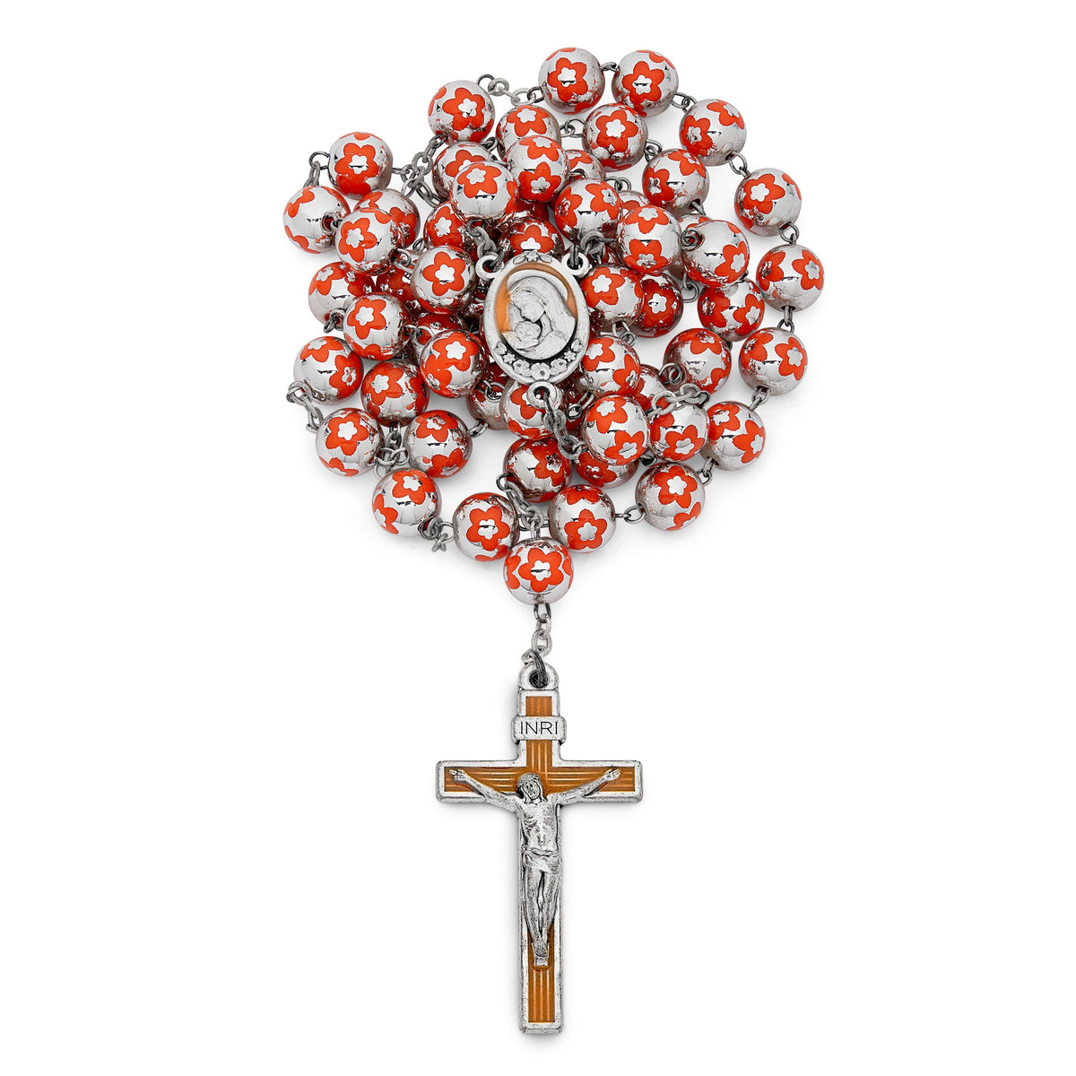Sacred Heart of Jesus Rosary in Silver Color Beads decorated with Orange Flowers