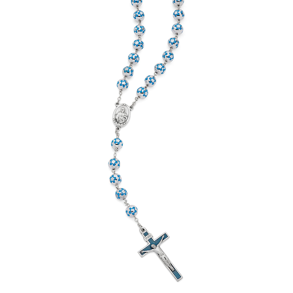 Sacred Heart of Jesus Rosary in Silver Color Beads decorated with Light Blue Flowers