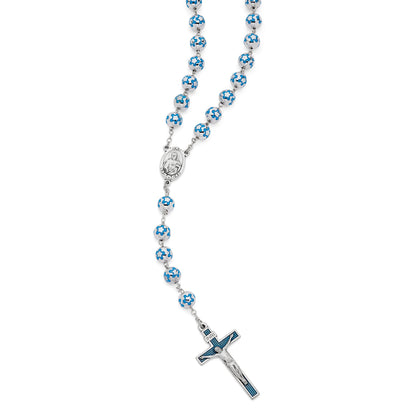 Sacred Heart of Jesus Rosary in Silver Color Beads decorated with Light Blue Flowers